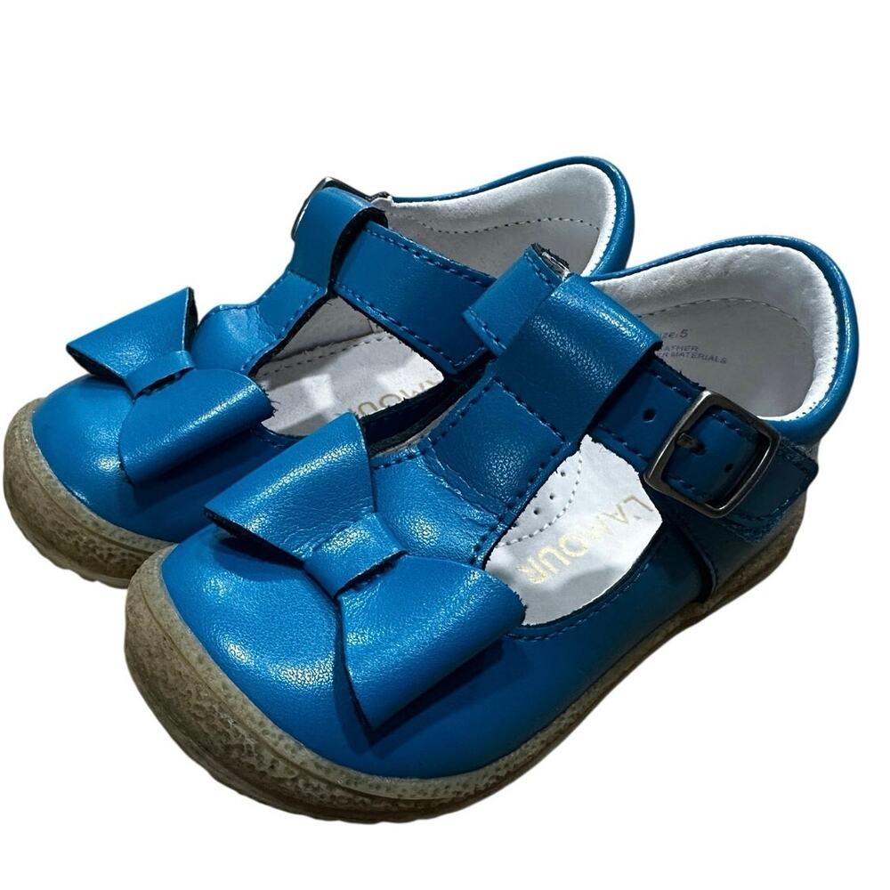 Girl’s L’Amour Emma Classic Bow T-Strap Mary Jane Tropical Blue Size 5